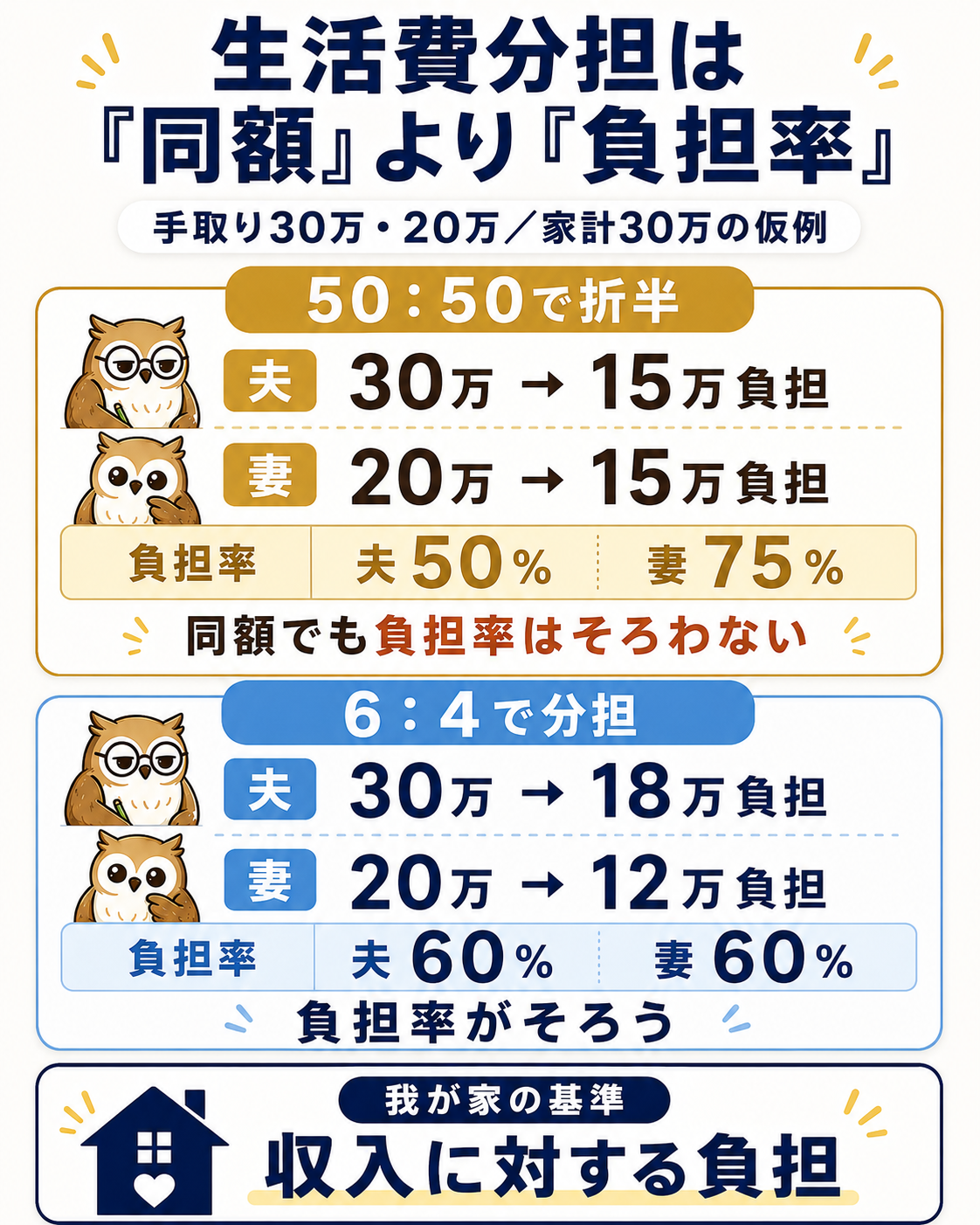 手取り30万円と20万円の夫婦について、50対50では負担率が夫50％・妻75％、6対4では双方60％になる違いをふくろう夫婦で示す図解