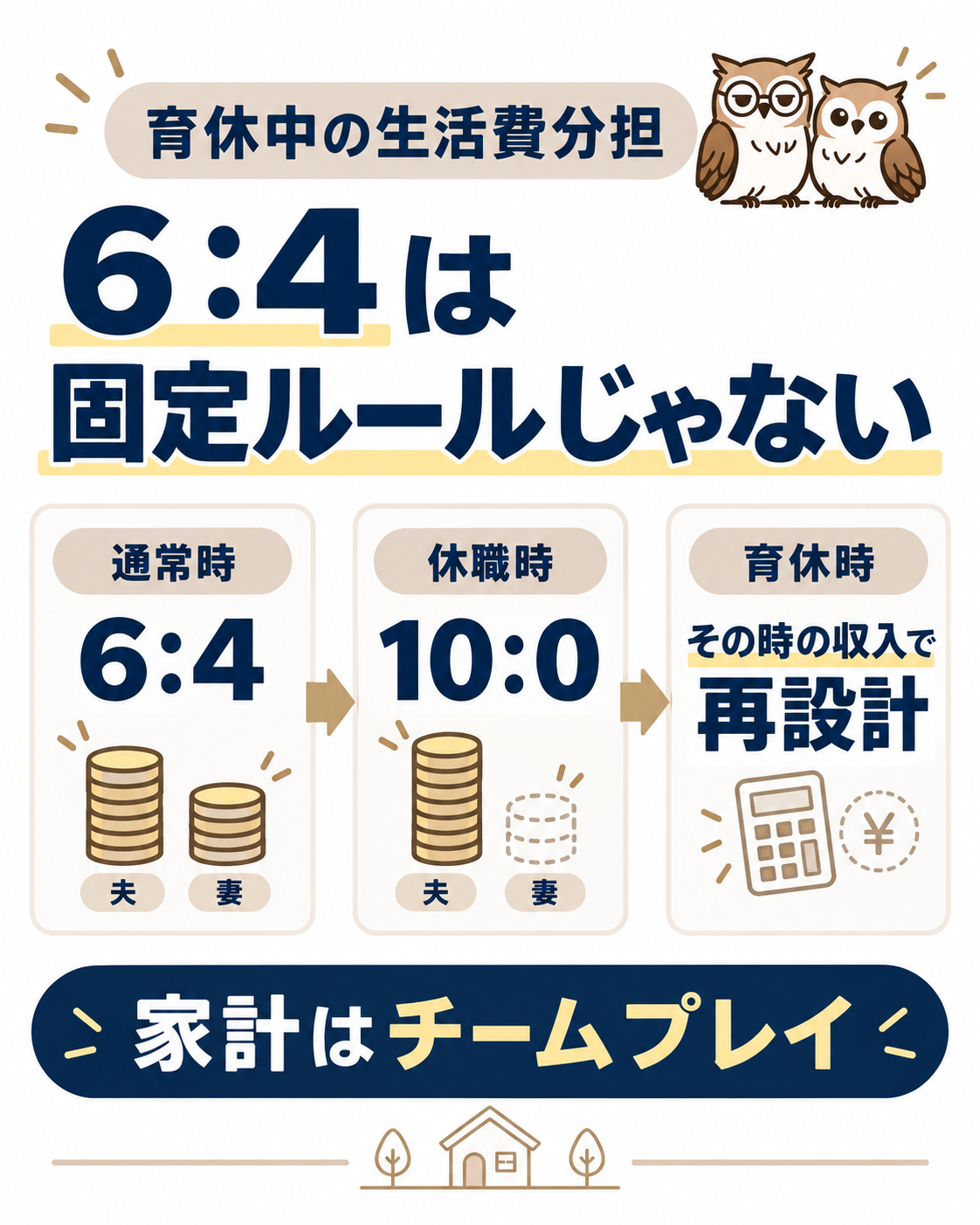 通常時6対4、休職時10対0、育休時はその時の収入で再設計する家計分担の図解